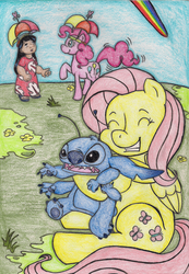 Size: 1024x1483 | Tagged: safe, artist:thesarcasticdragon, fluttershy, pinkie pie, g4, crossover, eyes closed, grin, hape, hug, lilo and stitch, lilo pelekai, open mouth, raised hoof, smiling, stitch, traditional art