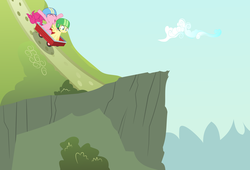 Size: 6000x4083 | Tagged: safe, artist:masem, fluttershy, pinkie pie, g4, absurd resolution, cliff, helmet, riding, this will end in tears, vector, wagon