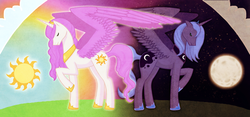 Size: 2000x938 | Tagged: safe, artist:mad-march, princess celestia, princess luna, alicorn, pony, g4, day, female, mare, moon, night, pink-mane celestia, royal sisters, s1 luna, siblings, sisters, sun, younger