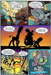 Size: 1483x2200 | Tagged: safe, artist:madmax, oc, oc only, oc:annabelle, oc:double tap, giraffe, pony, robot, unicorn, fallout equestria, fallout equestria: anywhere but here, fallout equestria:shining hearts, comic, electronics, fanfic, female, filly, foal, hooves, horn, junkyard, open mouth, sweetie bot, wagon