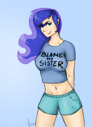 Size: 1356x1860 | Tagged: safe, artist:moonlightfl, idw, princess luna, human, g4, belly button, blame my sister, clothes, female, humanized, magic shirt, midriff, short shirt, shorts, simple background, smirk, solo, t-shirt