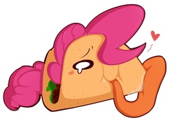 Size: 700x506 | Tagged: safe, artist:nolycs, pinkie pie, food pony, original species, g4, :i, blushing, crying, drool, female, food, heart, imminent autocannibalism, simple background, smiling, solo, taco, tongue out, wat, white background