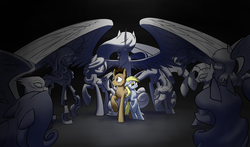 Size: 2587x1526 | Tagged: safe, artist:underpable, derpy hooves, doctor whooves, princess celestia, queen chrysalis, time turner, zecora, earth pony, griffon, pegasus, pony, zebra, g4, antagonist, crossover, doctor who, fangs, female, floppy ears, frown, mare, ponified, raised hoof, scared, sharp teeth, spread wings, statue, the doctor, weeping angel, wide eyes