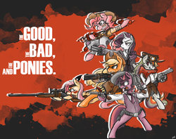 Size: 1005x795 | Tagged: safe, artist:coin-trip39, applejack, fluttershy, pinkie pie, rainbow dash, rarity, twilight sparkle, pony, g4, bipedal, clothes, gun, mane six, parody, ponified, the good the bad and the ugly, weapon