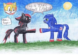 Size: 2291x1600 | Tagged: safe, artist:estorianthecat, pony, crossover, male, miles "tails" prower, ponified, shadow the hedgehog, sonic the hedgehog, sonic the hedgehog (series), sun, traditional art