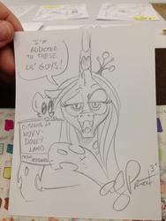 Size: 852x1136 | Tagged: safe, artist:andypriceart, idw, queen chrysalis, g4, cute citizens of wuvy-dovey land, innocent kitten, ponies eating meat, traditional art