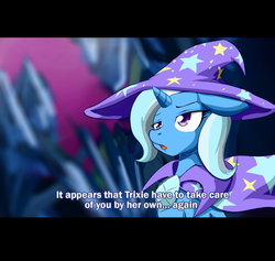 Size: 1205x1144 | Tagged: safe, artist:cybermananon, trixie, pony, unicorn, g4, cape, clothes, fake screencap, female, grammar error, hat, horn, letterboxing, lidded eyes, mare, open mouth, solo, subtitles, trixie's cape, trixie's hat