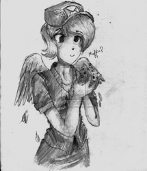 Size: 1024x1188 | Tagged: safe, artist:dynamocha, derpy hooves, human, g4, clothes, female, hat, humanized, muffin, solo, traditional art, winged humanization