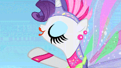 Size: 500x281 | Tagged: safe, screencap, rarity, g4, season 1, sonic rainboom (episode), and then there's rarity, animated, clothes, dress, fake eyelashes, fashion disaster, female, flying, gif, glimmer wings, heavy makeup, irony, lipstick, rarity being rarity, solo, tacky