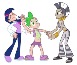 Size: 2000x1685 | Tagged: safe, artist:trinityinyang, spike, twilight sparkle, zecora, human, g4, secret of my excess, belly button, human spike, humanized, midriff, scene interpretation, simple background, transparent background