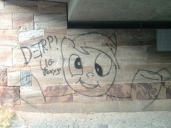 Size: 1280x956 | Tagged: safe, derpy hooves, pegasus, pony, g4, female, kilroy was here, mare, vandalism, wall