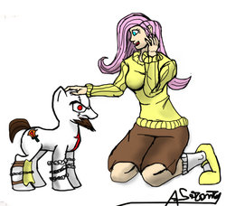 Size: 900x822 | Tagged: safe, artist:cjvselinmortal, fluttershy, human, pony, g4, clothes, crossover, god of war, humanized, kratos, pet, ponified, sweater, sweatershy