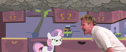 Size: 1280x525 | Tagged: safe, artist:jon pear, edit, sweetie belle, human, pony, unicorn, g4, angry, cooking, crossover, female, filly, food, gordon ramsay, hell's kitchen, irl, irl human, photo, pun in description, smoke, sweetie belle can't cook, sweetie belle is not amused, sweetie fail