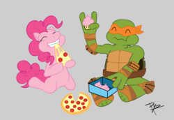 Size: 900x619 | Tagged: dead source, safe, artist:ysquare, pinkie pie, g4, crossover, cupcake, food, incorrect leg anatomy, meat, michelangelo, pepperoni, pepperoni pizza, pinkey, pizza, teenage mutant ninja turtles, tmnt 2012