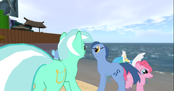 Size: 1368x715 | Tagged: safe, donny swineclop, lyra heartstrings, pinkie pie, princess celestia, pony, g4, butt, female, game screencap, mare, plot, second life