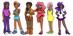 Size: 858x429 | Tagged: safe, artist:hironeko, applejack, fluttershy, pinkie pie, rainbow dash, rarity, twilight sparkle, human, g4, clothes, converse, dark skin, humanized, mane six, natural hair color, shoes