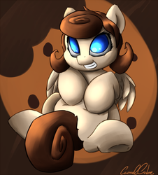 Size: 723x800 | Tagged: safe, artist:carmelcube, oc, oc only, oc:cookie dough, oc:cookie dough (trottingham), pegasus, pony, belly, cookie, cute, food, grin, looking at you, on back, smiling, solo, squee, underhoof