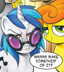 Size: 694x783 | Tagged: safe, artist:andy price, idw, carrot top, dj pon-3, golden harvest, vinyl scratch, g4, dreamworks face, justice league, justice league international, parody, reference, when she speaks
