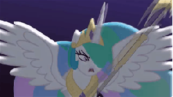Size: 298x167 | Tagged: safe, artist:sillyfillystudios, princess celestia, alicorn, pony, fall of the crystal empire, g4, animated, badass, beam, epic, fall of the empire - trailer, fan animation, female, frown, glare, halberd, it came from youtube, magic, old video, solo, spread wings, staff, telekinesis, trailer, warrior celestia, weapon, youtube link