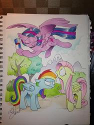 Size: 852x1136 | Tagged: safe, artist:andy price, fluttershy, rainbow dash, twilight sparkle, alicorn, pony, g4, andy you magnificent bastard, female, mare, red bull, red bull gives you wings, traditional art, twilight sparkle (alicorn)