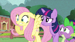 Size: 400x225 | Tagged: safe, screencap, fluttershy, spike, twilight sparkle, pony, g4, magic duel, animated