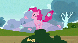 Size: 500x281 | Tagged: safe, screencap, pinkie pie, butterfly, earth pony, pony, g4, season 3, too many pinkie pies, animated, bouncing, eyes closed, female, happy, jumping, loop, mare, pronking, solo