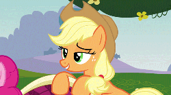 Size: 500x281 | Tagged: safe, screencap, applejack, pinkie pie, earth pony, pony, g4, too many pinkie pies, animated, female, loop, mare, solo focus, talking