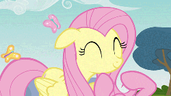 Size: 500x281 | Tagged: safe, screencap, fluttershy, pinkie pie, butterfly, earth pony, pegasus, pony, g4, season 3, too many pinkie pies, animated, face grab, female, mare, offscreen character, solo, squishy cheeks