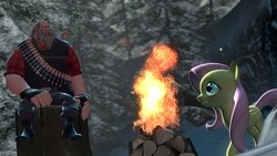 Size: 1192x670 | Tagged: safe, artist:fezwearingdoctor, fluttershy, g4, 3d, forest, gmod, heavy (tf2), snow, team fortress 2