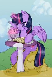 Size: 547x819 | Tagged: safe, artist:catsandcoffins, twilight sparkle, alicorn, pony, g4, book, eating, female, hay, ice cream, magic, mare, milkshake, reading, sitting, solo, straw, table, twilight sparkle (alicorn)