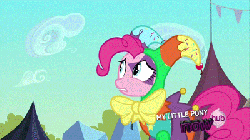 Size: 400x225 | Tagged: safe, screencap, pinkie pie, g4, season 3, the crystal empire, animated, clothes, crystal empire, female, flugelhorn, hub logo, jester, jester pie, puffy cheeks, solo
