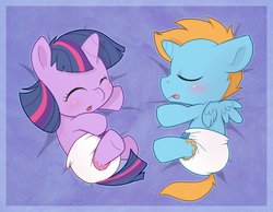 Size: 1280x992 | Tagged: safe, artist:cuddlehooves, twilight sparkle, oc, oc:harmony star, alicorn, pony, unicorn, g4, alicorn oc, baby, baby pony, babylight sparkle, cuddlehooves is trying to murder us, cute, diaper, foal, lying down, ocbetes, on side, poofy diaper, sleeping, twiabetes, twimony, unicorn twilight