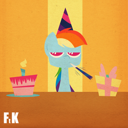 Size: 1600x1600 | Tagged: safe, artist:fluttershythekind, rainbow dash, g4, cake, female, hat, party, party hat, party horn, solo, unamused