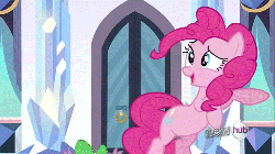 Size: 500x281 | Tagged: safe, screencap, fluttershy, pinkie pie, spike, g4, season 3, the crystal empire, animated, crystal empire, duo focus, hoof around neck, hub logo