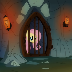 Size: 720x720 | Tagged: safe, screencap, fluttershy, pegasus, pony, a bird in the hoof, g4, season 1, cropped, dungeon, female, mare, prison, sad, solo