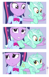 Size: 900x1400 | Tagged: safe, artist:dm29, lyra heartstrings, twilight sparkle, human, pony, equestria girls, g4, comic, duo, female, filly, filly lyra, hand, hand fetish, holding a pony, human on pony action, humanized human on pony action, scrunchy face, ship:twyra, square crossover, that pony sure does love hands, younger