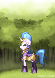 Size: 1350x1900 | Tagged: safe, artist:gamermac, shining armor, pony, unicorn, g4, female, forest, gleaming shield, mare, rule 63, solo