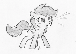 Size: 705x504 | Tagged: safe, artist:swiftcutter, scootaloo, pegasus, pony, g4, emanata, female, monochrome, solo