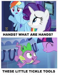 Size: 888x1125 | Tagged: safe, rainbow dash, rarity, spike, twilight sparkle, g4, hand, tickling