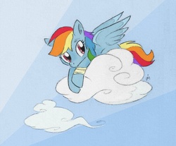 Size: 850x705 | Tagged: safe, artist:swiftcutter, rainbow dash, pegasus, pony, g4, bandage, cloud, female, on a cloud, solo