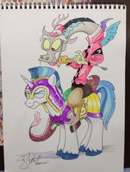 Size: 768x1024 | Tagged: safe, artist:andy price, discord, shining armor, g4, armor, clothes, costume, jockey, riding, traditional art