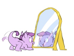 Size: 889x680 | Tagged: safe, artist:carnifex, oc, oc only, oc:lavender, dracony, hybrid, cute, interspecies offspring, lavandorable, mirror, offspring, open mouth, parent:rarity, parent:spike, parents:sparity, reflection, simple background, smiling, solo, tail wag, white background