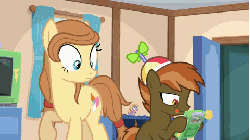 Size: 480x270 | Tagged: dead source, safe, artist:jan, button mash, oc, oc:cream heart, earth pony, pony, button's adventures, g4, animated, censored, censored vulgarity, colt, dexterous hooves, female, foal, gif, grawlixes, grounded, hat, humgonian, i can't believe it's not hasbro studios, male, mare, mother, propeller hat, son, swearing, up all night, video game