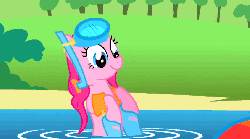 Size: 846x470 | Tagged: safe, screencap, pinkie pie, g4, griffon the brush off, season 1, animated, cute, female, flippers (gear), grin, smiling, snorkel, solo, talking, water, wet mane