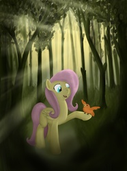 Size: 1000x1346 | Tagged: artist needed, safe, fluttershy, bird, g4, cute, female, forest, singing, solo