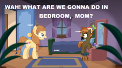 Size: 842x467 | Tagged: safe, button mash, oc, oc:cream heart, earth pony, pony, button's adventures, g4, bed, bedroom, bedroom eyes, canon x oc, colt, earth pony oc, female, image macro, imminent foalcon, imminent incest, implied foalcon, implied incest, male, mare, mother and child, mother and son, pillow, pomf, ship:buttoncest, what are we gonna do on the bed?
