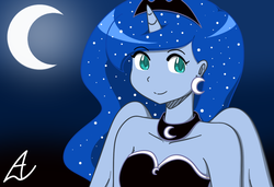 Size: 1055x721 | Tagged: safe, artist:acesrockz, princess luna, human, g4, female, horn, horned humanization, humanized, moon, pony coloring, smiling, solo, winged humanization