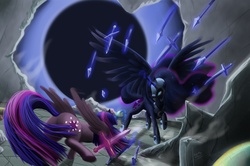 Size: 6336x4200 | Tagged: safe, artist:forgotten-wings, nightmare moon, twilight sparkle, alicorn, pony, g4, absurd resolution, action pose, female, fight, magic, mare, spear, sword, twilight sparkle (alicorn), weapon