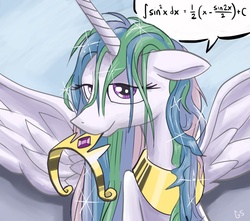 Size: 1000x882 | Tagged: safe, artist:gsphere, princess celestia, g4, bedroom eyes, calculus, crown, fancy mathematics, female, floppy ears, looking at you, math, messy mane, mouth hold, smiling, solo, spread wings, tiara, wet mane