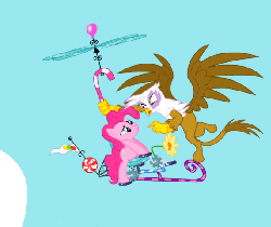 Size: 572x480 | Tagged: safe, screencap, gilda, pinkie pie, griffon, g4, griffon the brush off, animated, female, flying contraption, helicopter, pedalcopter, pinkiecopter